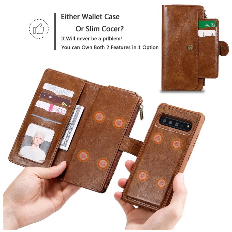 Case Samsung Galaxy S10+ #เคสฝาพับแบบแยกส่วนสไตล์กระเป๋าสตางค์มีช่องใส่บัตรหลายช่อง Multi-slot Zippered Luxury Flip Stand Card Leather Wallet Cover Separable Case Cover