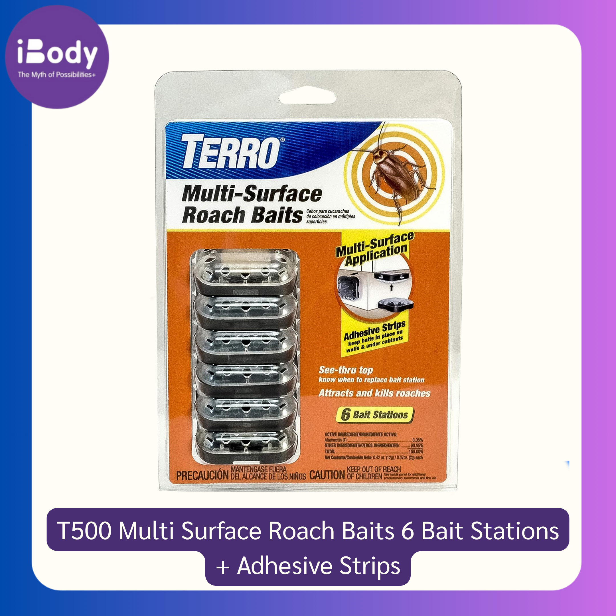 ผลิตภัณฑ์กำจัดแมลงสาบ T500 Multi Surface Roach Baits 6 Bait Stations + Adhesive Strips (TERRO®)