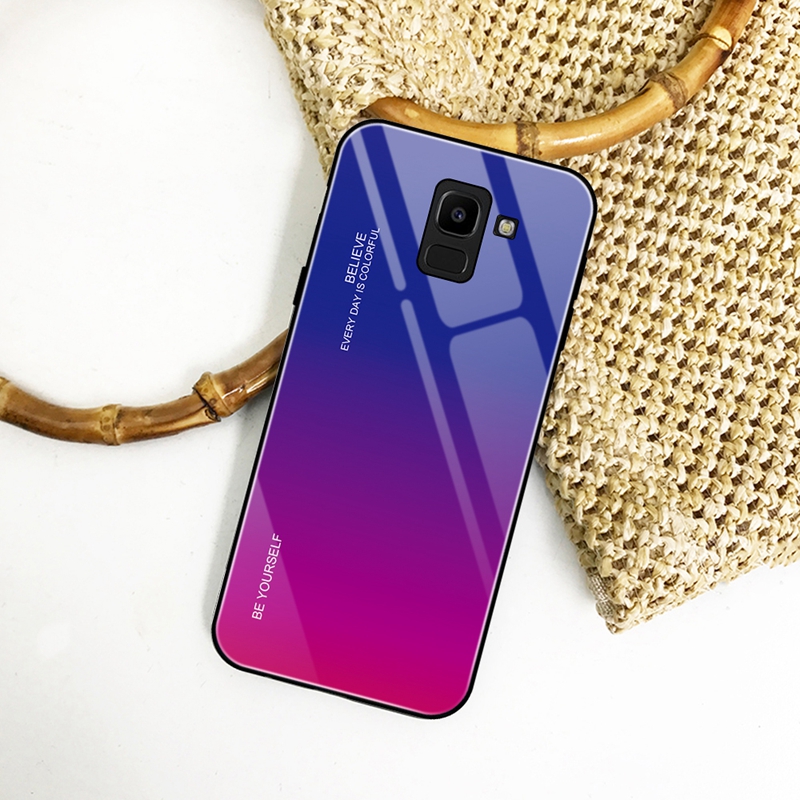 Case Samsung Galaxy A8+ (2018) #เคสฝาหลัง กระจกสีไล่โทนสี Glass + PC + TPU Hybrid Case