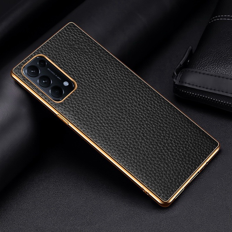 เคส OPPO Reno 5 / Reno 5 5G #เคสฝาหลังหนังแท้ผิวลิ้นจี่ขอบเงา Luxury genuine leather case with plated edges