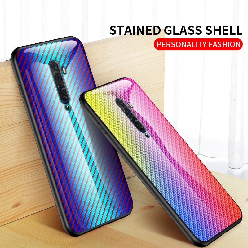 เคส OPPO Reno 2 #เคสฝาหลัง Gradient Color ลายคาร์บอนไฟเบอร์ Carbon fiber texture Glass Hybrid Soft Silicone Cover