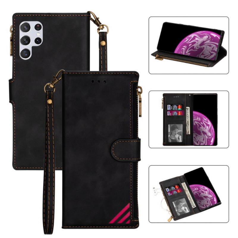 เคส Samsung Galaxy S22 Ultra 5G #เคสฝาพับหนัง PU มีช่องซิปมีที่เสียบการ์ด สายคล้องมือ Card Slots Luxury Flip Stand Card Zipper Phone Leather Wallet Cover