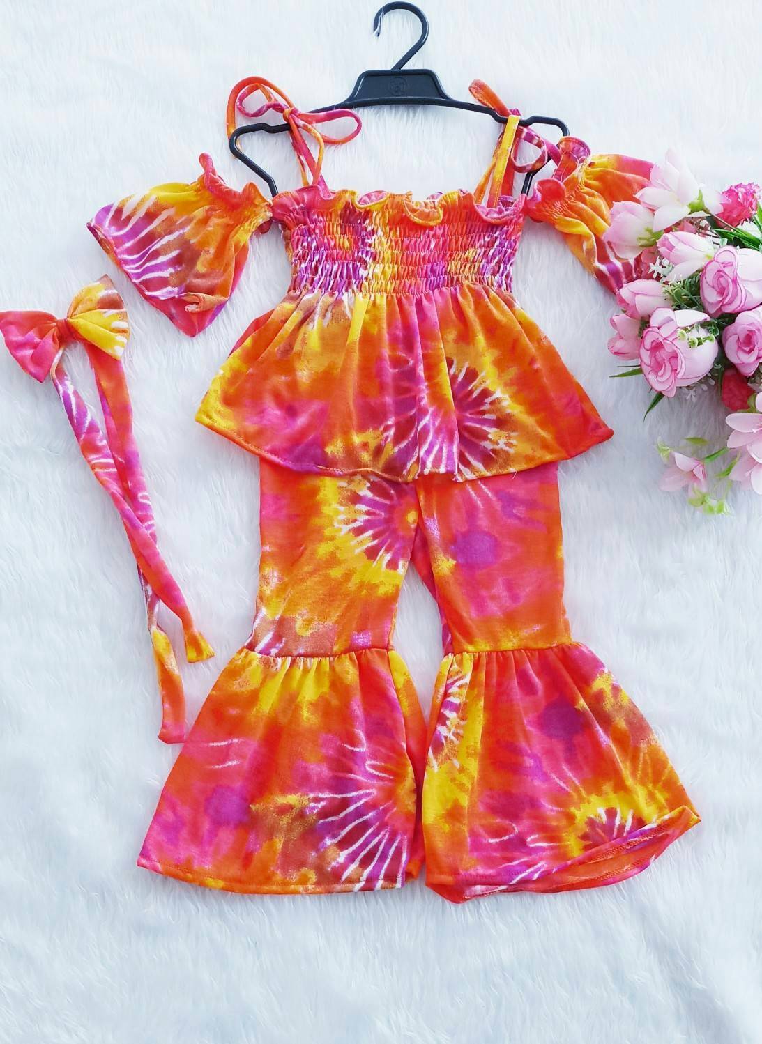 ชุดเด็กหญิง setเสื้อกับกางเกงขายาวผ้ามัดย้อม