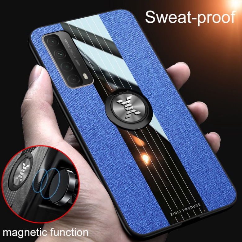 เคส Huawei Y7a #เคสฝาหลังเคลือบผ้าเนื้อมีแหวนสวมนิ้ว TPU ไฮบริด+อะคริลิ + แหวนโลหะ
