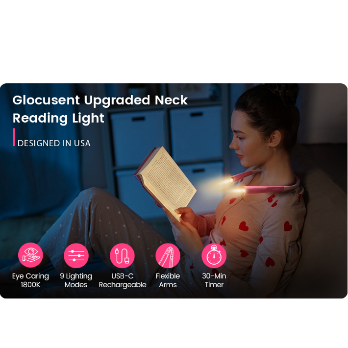 Glocusent® Upgraded LED Neck Reading Light ไฟอ่านหนังสือ ไฟฉายแบบคล้องคอ แบบชาร์จได้ ไฟLEDปรับความสว่างได้