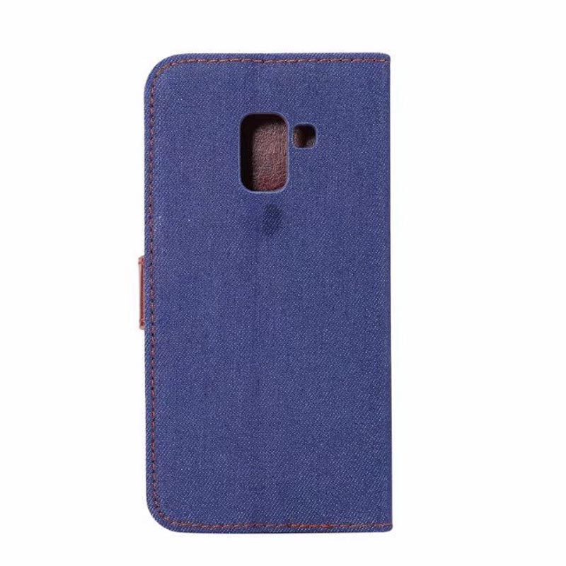 เคส Samsung Galaxy A8+ 2018 #เคสฝาพับหนัง PU แบบกระเป๋าสตางค์ผิวยีนส์พับตั้งได้สวยงามทันสมัย