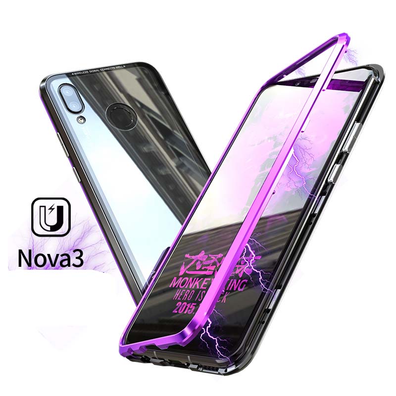 Case Huawei nova 3 #เคสกรอบโลหะที่ถอดออกได้ติดแม่เหล็ก + แผ่นด้านหลังกระจกนิรภัยคุณภาพดี