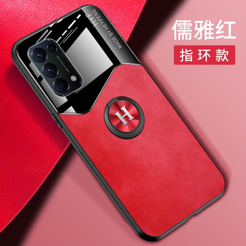 เคส OPPO Reno 5 5G #เคสฝาหลังไฮบริด PU +TPU + glass สีทูโทนมีแหวนสวมนิ้ว Shockproof Leather Mirror Glass Silicone Phone Back Cover