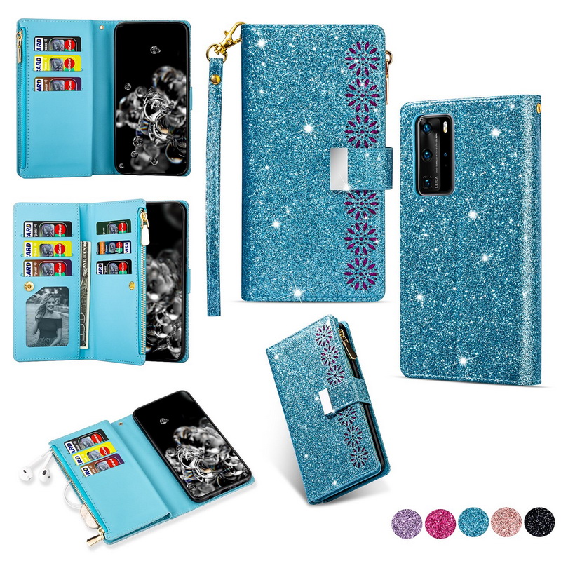 เคส Huawei P40 #เคสฝาพับแบบกระเป๋าสตางค์ช่องใส่บัตรหลายช่อง Bling Glitter Case Multi-slot Wallet Zippered Leather พร้อมสายคล้อง
