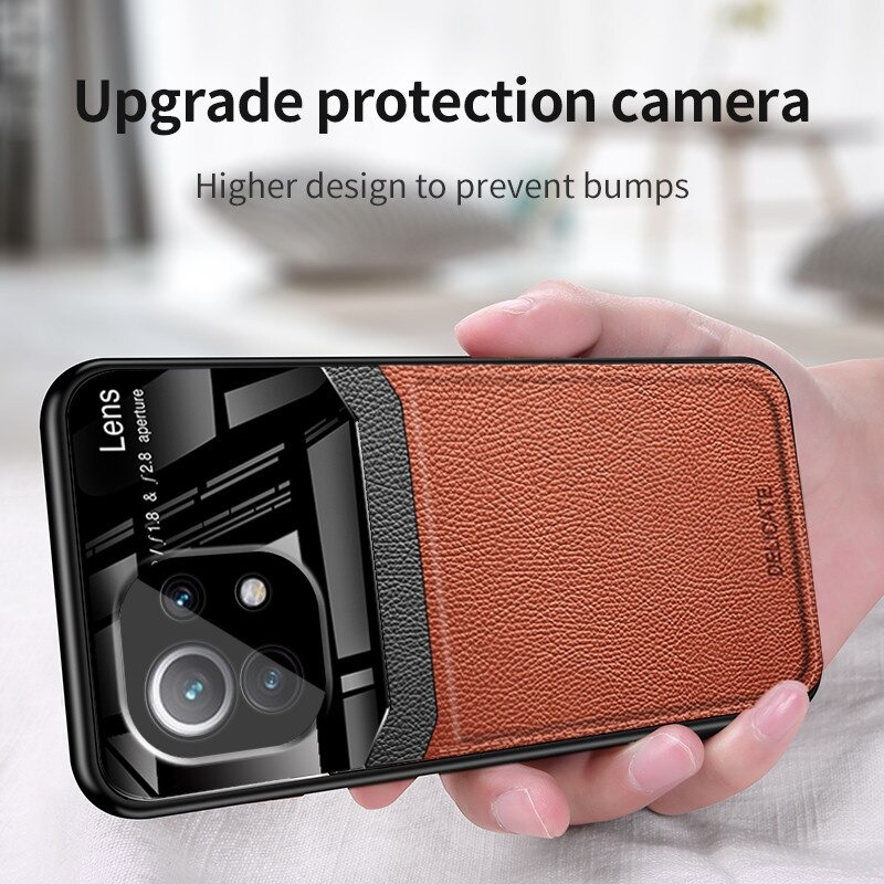 เคส Xiaomi Mi 11 Lite #เคสฝาหลังไฮบริด PU +TPU + glass สีทูโทน Shockproof Leather Mirror Glass Silicone Phone Back Cover