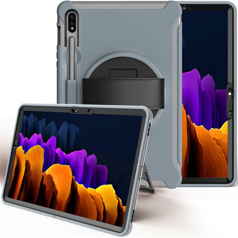 เคส Samsung Galaxy Tab S7 SM-T870 SM-T875 #เคสฝาหลังพลาสติกมีขาตั้งหมุนได้ 360° Swivel Kickstand PC + TPU Tablet Combo Shell with Hand Strap มีสายรัดมือ
