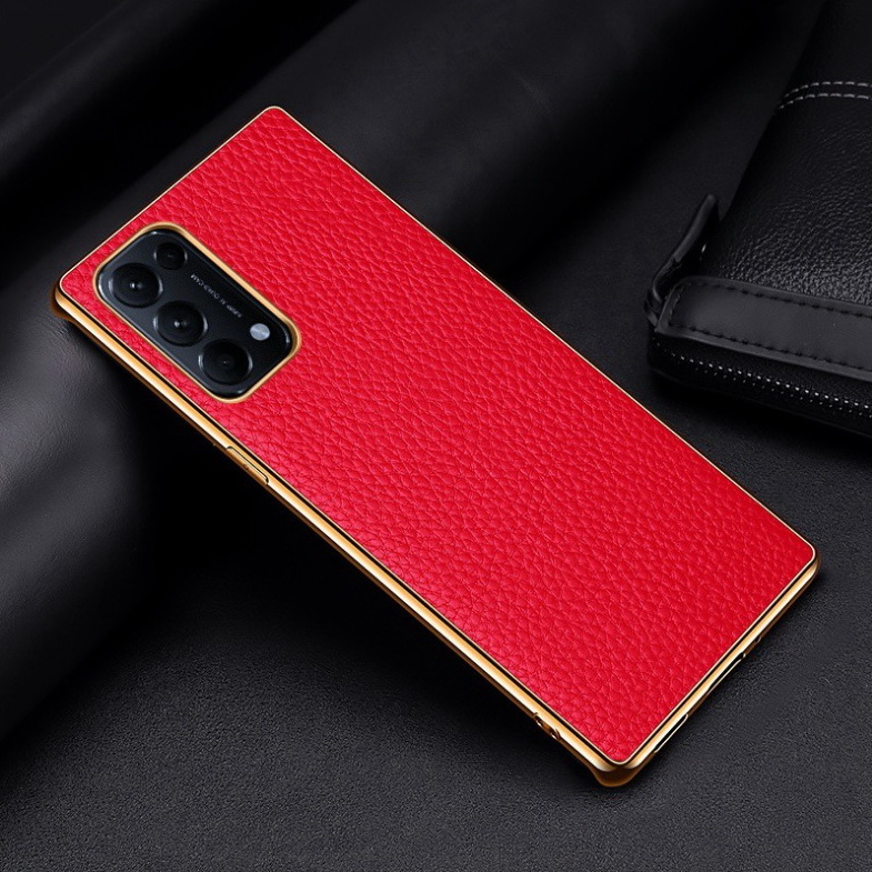 เคส OPPO Reno 5 Pro 5G #เคสฝาหลังหนังแท้ผิวลิ้นจี่ขอบเงา Luxury genuine leather case with plated edges