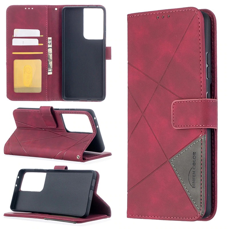 เคส Samsung Galaxy S21 Ultra #เคสฝาพับหนัง PU มีช่องเสียบ ID บัตรอื่นๆในตัว Geometric Pattern Leather Card Holder Protective