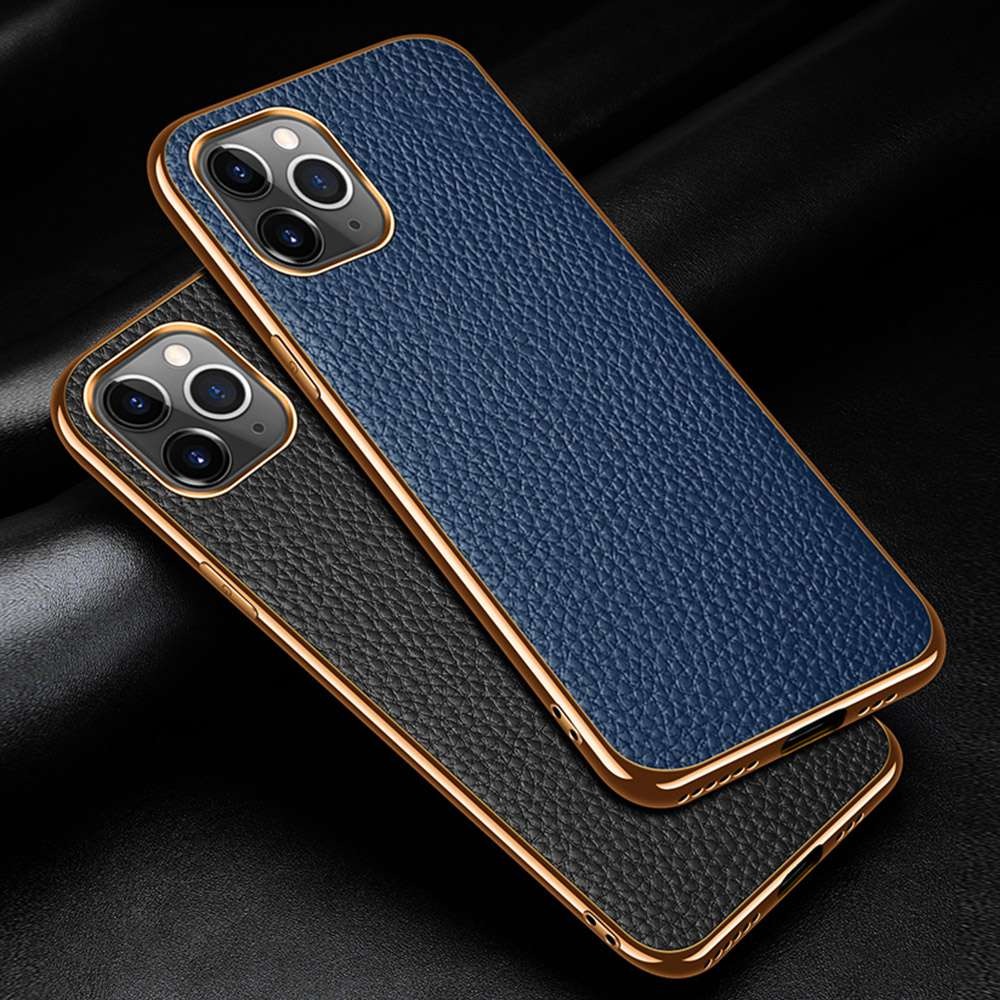 Case iPhone 14#เคสฝาหลังหนังแท้ผิวลิ้นจี่ขอบเงา Luxury genuine leather case with plated ed