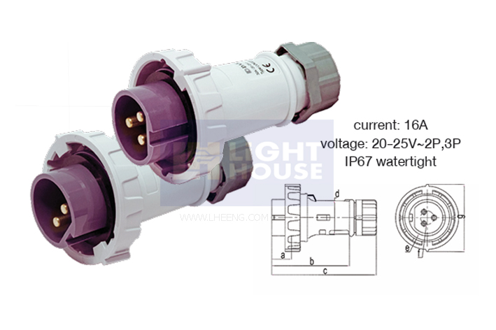 LVN-0121 "DAKO PLUG" ปลั๊กตัวผู้กลางทาง แรงดันต่ำ 2P 16A 20-25V IP67