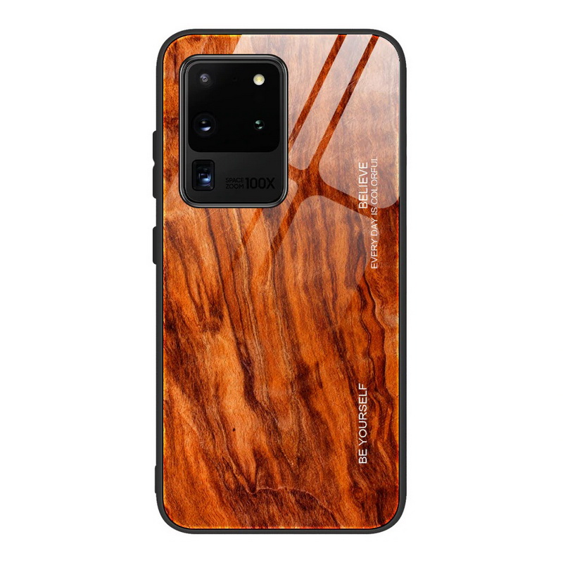 Case Samsung Galaxy S20 Ultra / S20 Ultra 5G #เคสฝาหลังกระจกลายผิวไม้ Case Hard Tempered glass Wood grain protect Back Cover