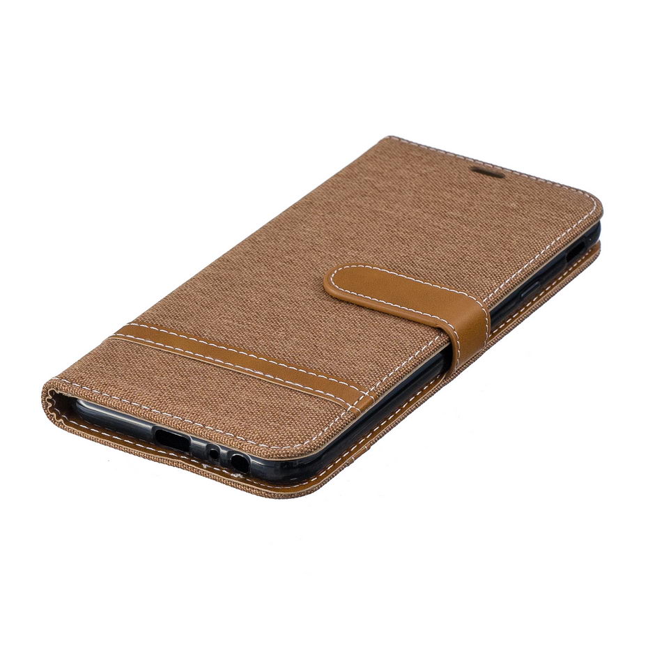 Case Samsung Galaxy J4+ #เคสฝาพับหนัง PU พร้อมสายคล้องมือ สีสันสดใส Splicing Jean Cloth PU Leather