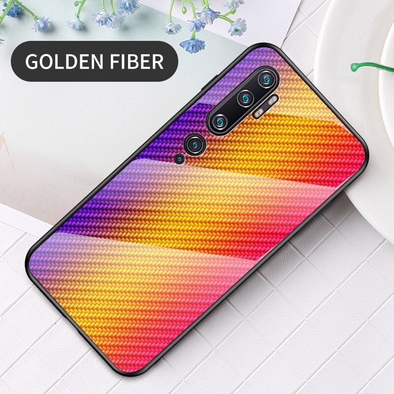 เคส Xiaomi Mi Note 10 Pro #เคสฝาหลัง Gradient Color ลายคาร์บอนไฟเบอร์ Carbon fiber texture Glass Hybrid Soft Silicone Cover
