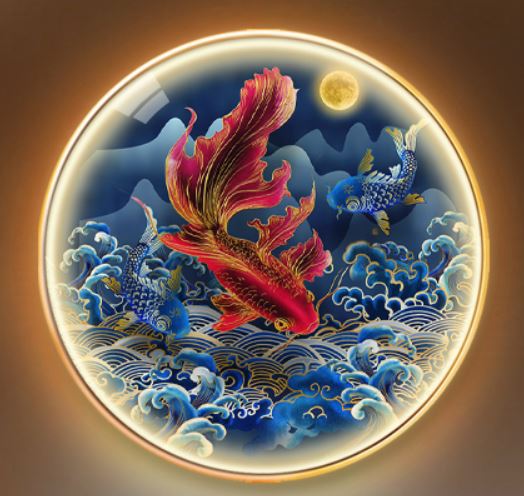 ภาพแขวนปลามังกร ประกอบด้วยภาพวาดแบบจีน พร้อมหลอดไฟ LED ประดับกำแพง Dragon Fish Chinese Painting with LED Wall Decoration เสริมสิริมงคล เสริมฮวงจุ้ย