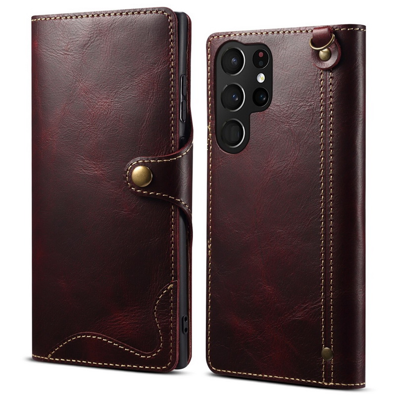 Case Samsung Galaxy S23 Ultra 5G#เคสฝาพับหนังแท้พร้อมสายคล้อง Genuine Wallet Leather Phone Cover with Lanyard