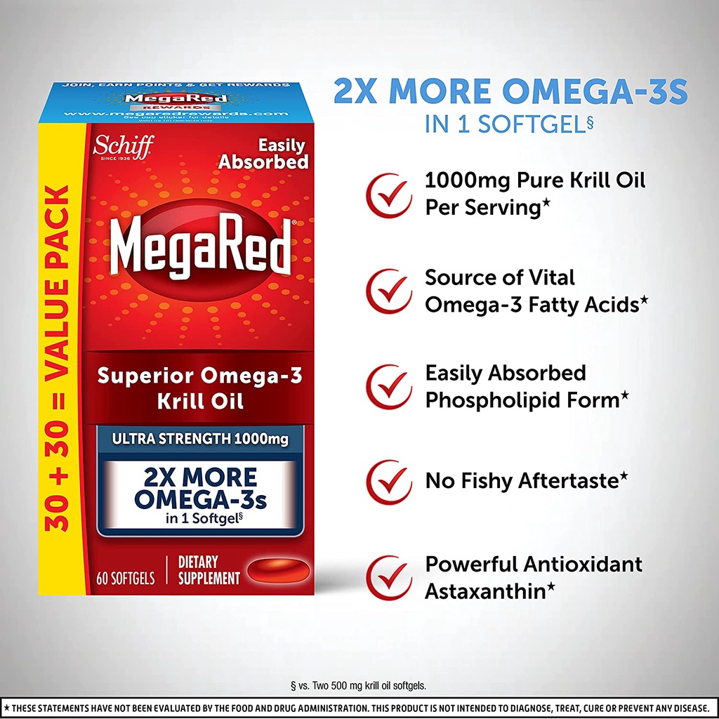 (Pre Order) Schiff® MegaRed Superior Omega-3 Krill Oil Ultra Strength 1000 mg 60 Softgels น้ำมันคริลล์ โอเมก้า3