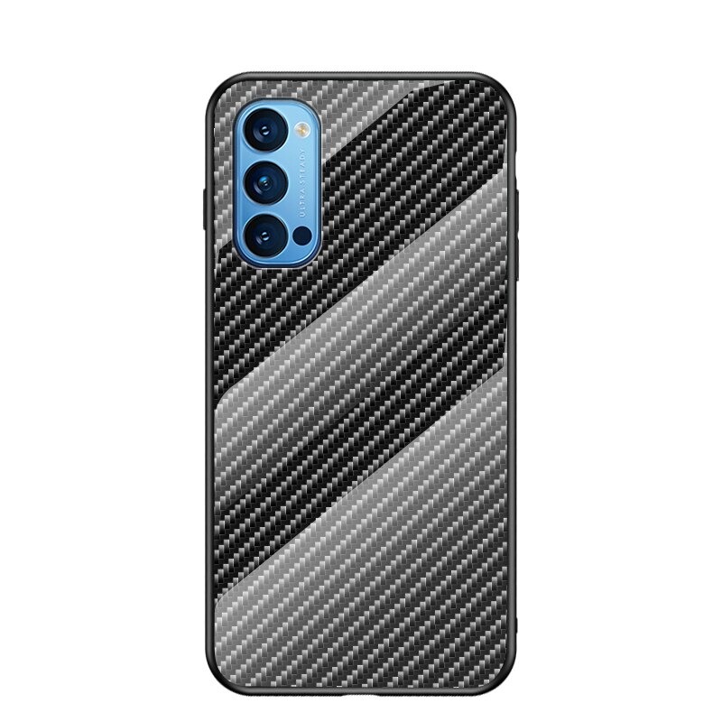 เคส OPPO Reno 4 4G #เคสฝาหลัง Gradient Color ลายคาร์บอนไฟเบอร์ Carbon fiber texture Glass Hybrid Soft Silicone Cover