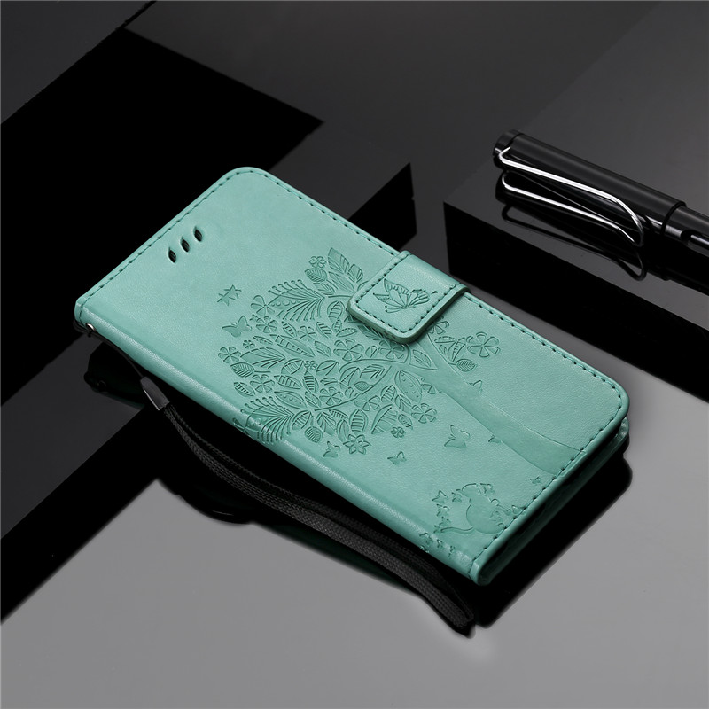 Case Xiaomi Mi 9 SE #เคสฝาพับหนัง PU พิมพ์ลาย Imprint Cat and Tree Pattern Leather Protection Cover
