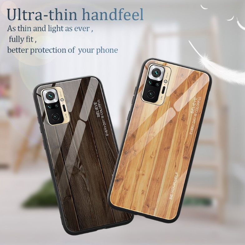 เคส Redmi Note 10 4G #เคสฝาหลังกระจกลายผิวไม้ Case Hard Tempered glass Wood grain protect Back Cover
