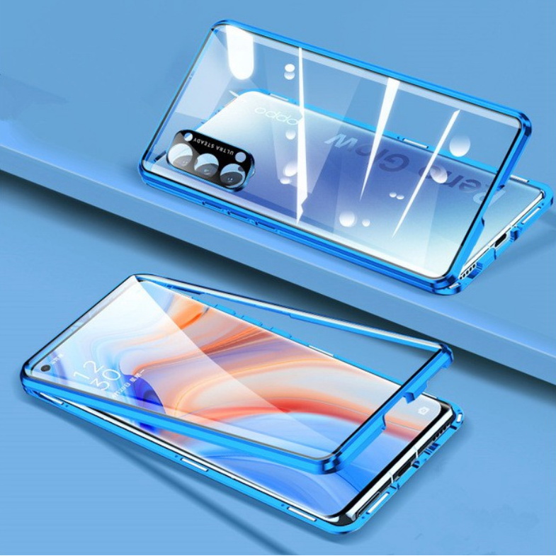 เคส OPPO Reno 5 Pro 5G #เคสกระจกขอบโลหะประกบแม่เหล็กหน้าหลังมีป้องกันเลนส์กล้อง Fully Protection Magnetic Adsorption Glass Metal Phone Protective Built-in Camera Protection