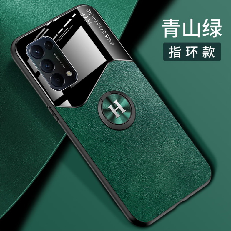 เคส OPPO Reno 5 5G #เคสฝาหลังไฮบริด PU +TPU + glass สีทูโทนมีแหวนสวมนิ้ว Shockproof Leather Mirror Glass Silicone Phone Back Cover