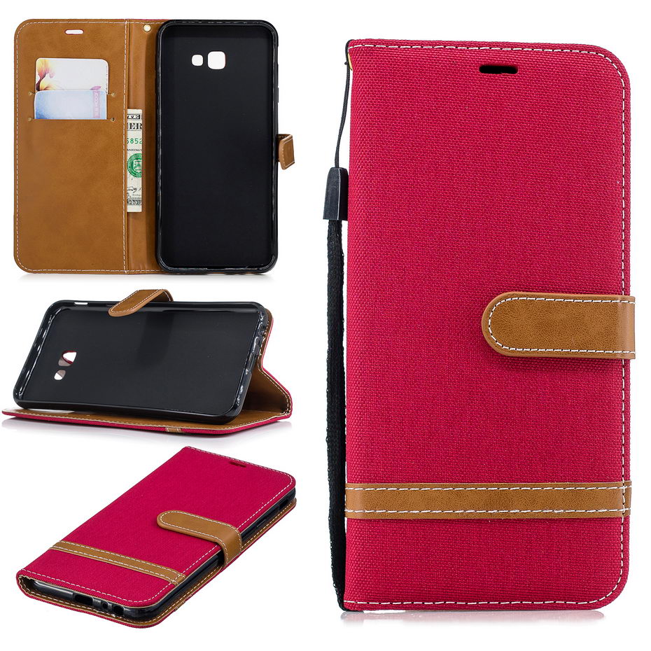 Case Samsung Galaxy J4+ #เคสฝาพับหนัง PU พร้อมสายคล้องมือ สีสันสดใส Splicing Jean Cloth PU Leather