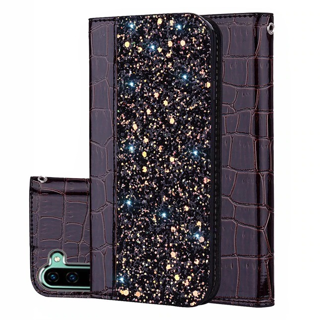 Case Samsung Galaxy Note 10 #เคสฝาพับหนัง PU ลายหนังจระเข้ Crocquile Texture Glittery Sequins Splicing มีช่องใส่การ์ด