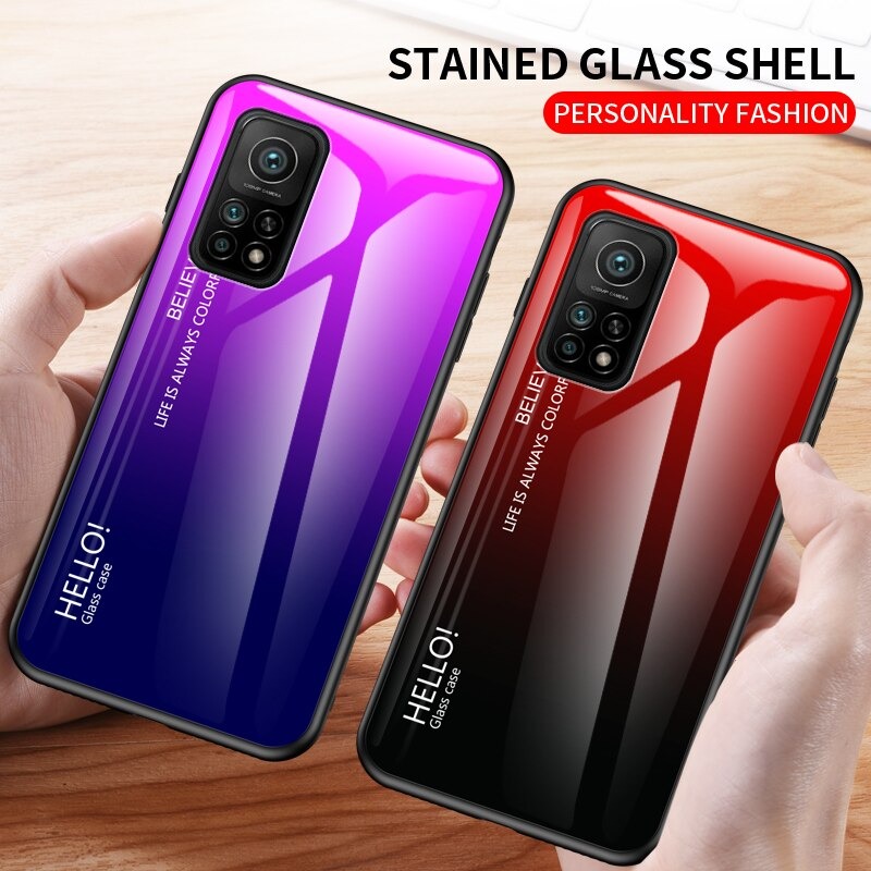 เคส Xiaomi Mi 10T Pro #เคสฝาหลัง Gradient Color Glass + PC + TPU Hybrid Case