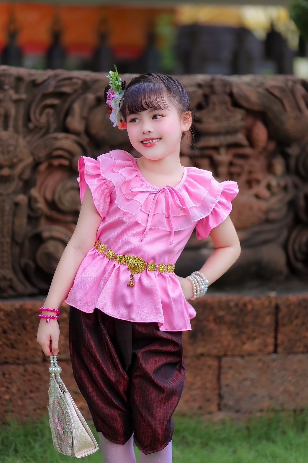 ชุดไทยเด็กหญิงเซท2ชิ้นเสื้อกับโจง