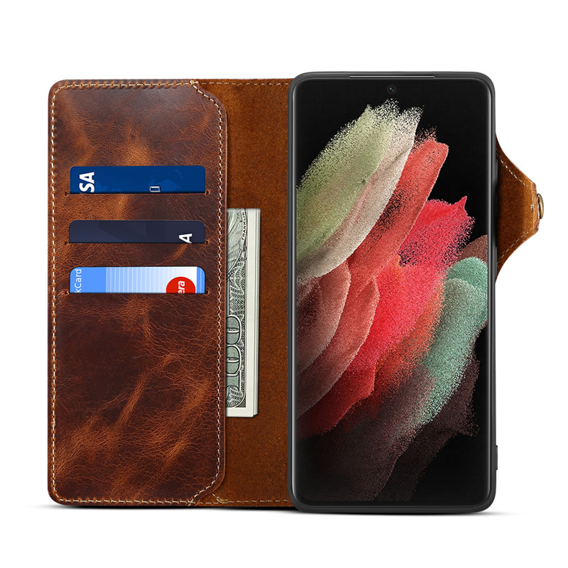 Case Samsung Galaxy S23+ 5G#เคสฝาพับหนังแท้พร้อมสายคล้อง Genuine Wallet Leather Phone Cover with Lanyard