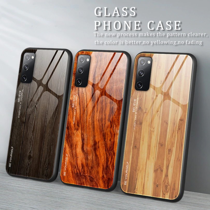 Case Samsung Galaxy S20 FE/S20 FE 5G #เคสฝาหลังกระจกลายผิวไม้ Case Hard Tempered glass Wood grain protect Back Cover