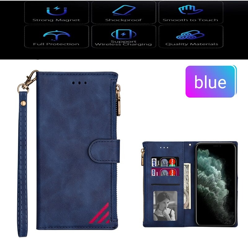 เคส Samsung Galaxy S22+ 5G #เคสฝาพับหนัง PU มีช่องซิปมีที่เสียบการ์ด สายคล้องมือ Card Slots Luxury Flip Stand Card Zipper Phone Leather Wallet Cover