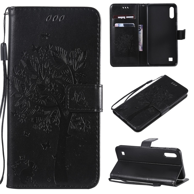 Case Samsung Galaxy A10 #เคสฝาพับหนัง PU พิมพ์ลาย Imprint Cat and Tree Pattern Leather Protection Cover