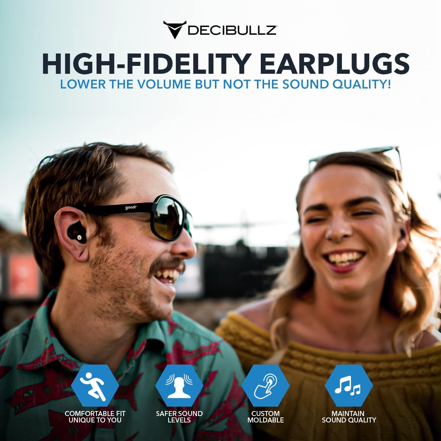 Decibullz® Custom Molded High Fidelity Earplugs ที่อุดหู กันเสียง แบบใช้ซ้ำ สำหรับคอนเสิร์ต นักดนตรี และความไวต่อเสียง