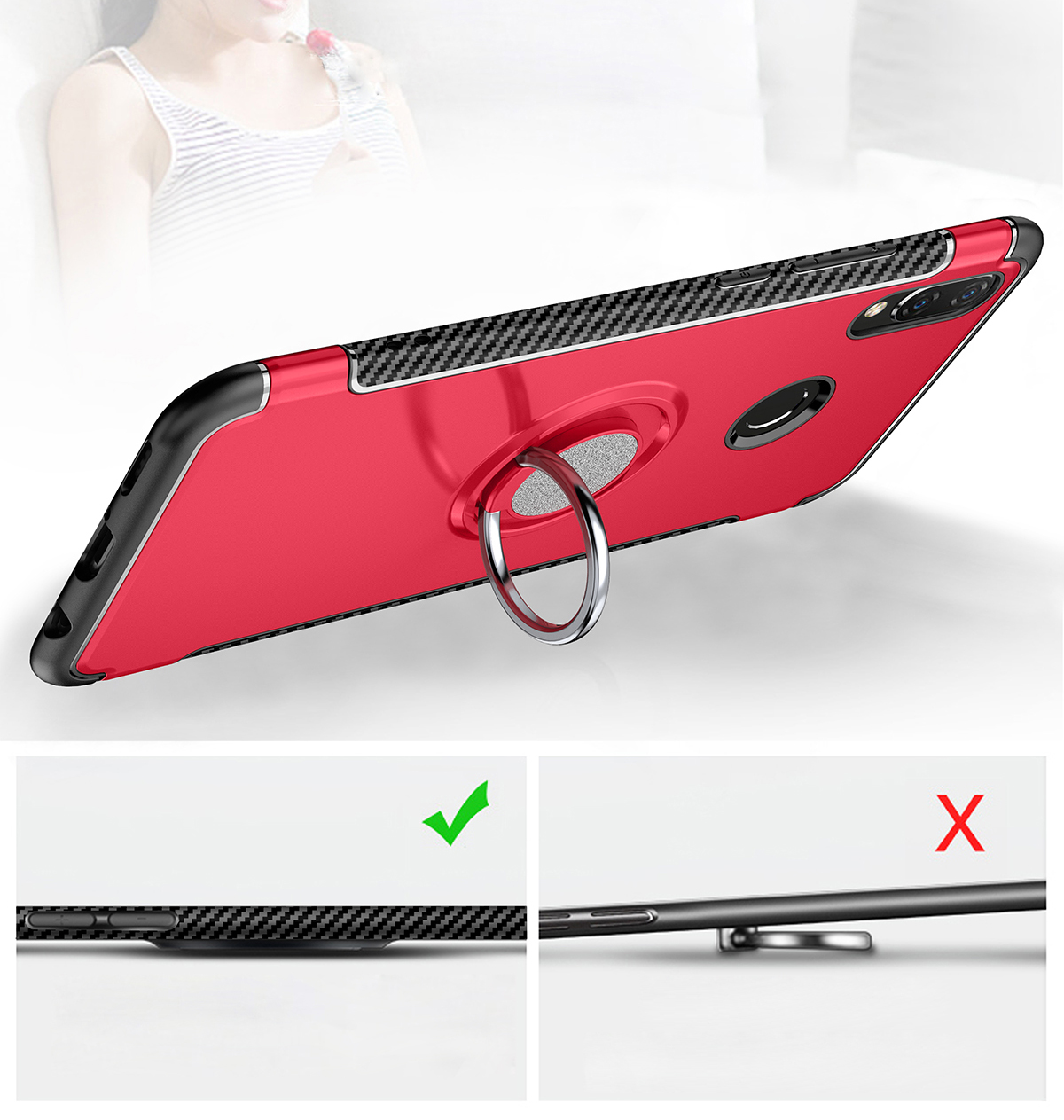Case Huawei nova 3 #เคสฝาหลังขอบ Carbon Fiber Texture TPU มีแหวนสวมนิ้ว