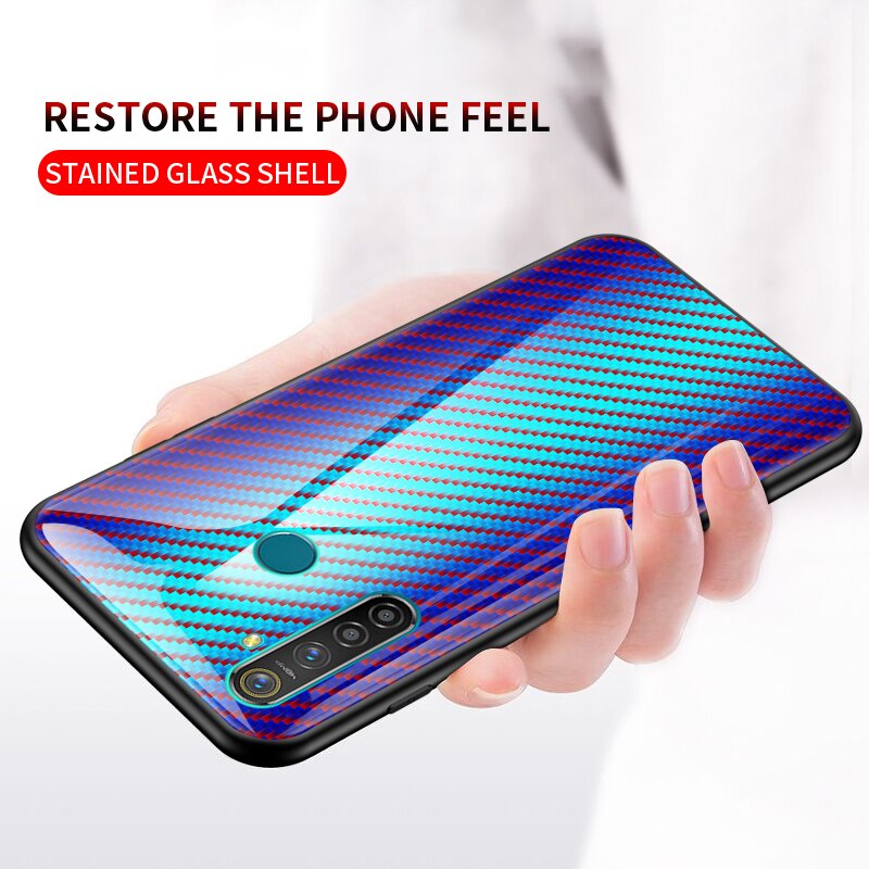 Case Realme 5 Pro #เคสฝาหลัง Gradient Color ลายคาร์บอนไฟเบอร์ Carbon fiber texture Glass Hybrid Soft Silicone Cover