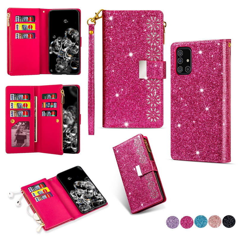 Case Samsung Galaxy A71 #เคสฝาพับแบบกระเป๋าสตางค์ช่องใส่บัตรหลายช่อง Bling Glitter Case Multi-slot Wallet Zippered Leather พร้อมสายคล้อง
