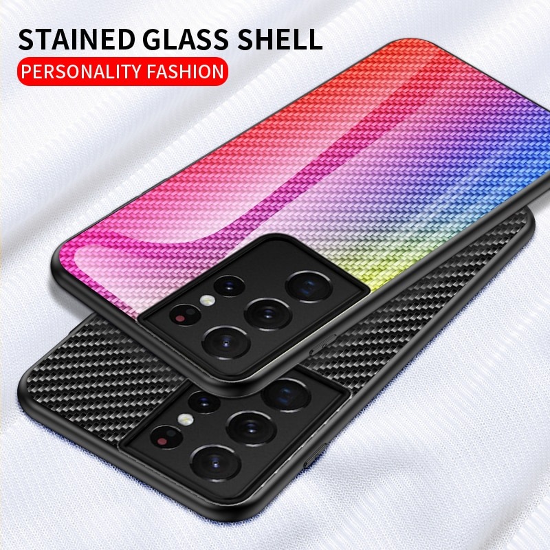 เคส Samsung Galaxy S21 Ultra #เคสฝาหลัง Gradient Color ลายคาร์บอนไฟเบอร์ Carbon fiber texture Glass Hybrid Soft Silicone Cover