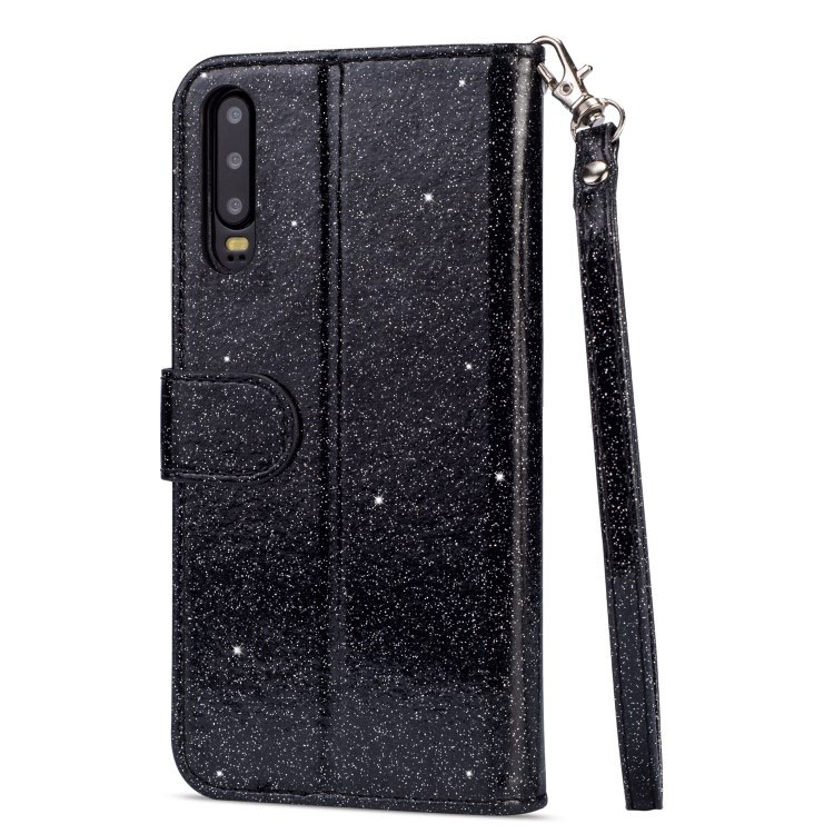 เคส Huawei P30 #เคสฝาพับแบบกระเป๋าเงินหนังกลิตเตอร์ พร้อมสายรัด Glitter Powder Zippered Stand Leather Wallet Case with Strap