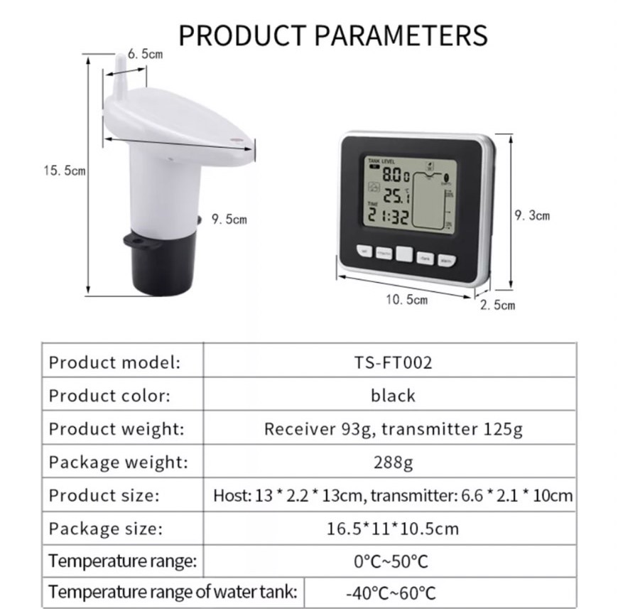 เซนเซอร์วัดความลึกและอุณหภูมิ Wireless Water Tank Liquid Depth Meter Ultrasonic Temperature sensor display, 3.3 inch