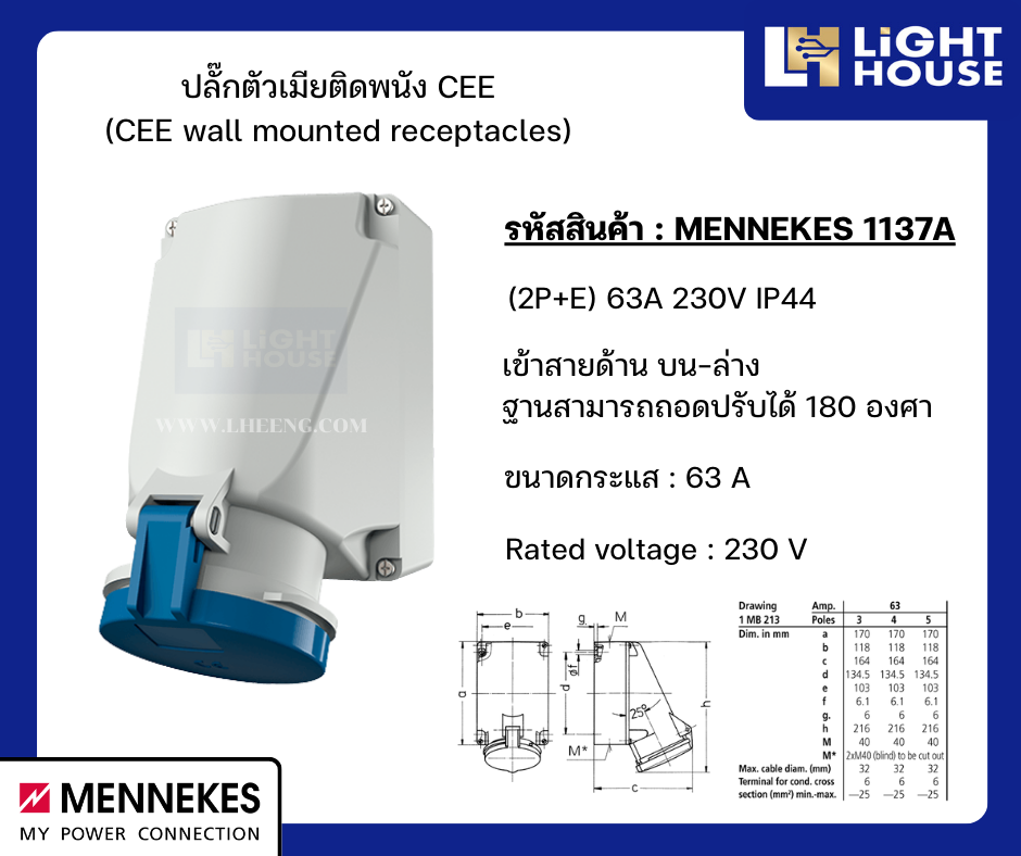 "MENNEKES 1137A" ปลั๊กตัวเมียติดพนัง (2P+E) 63A 230V IP44