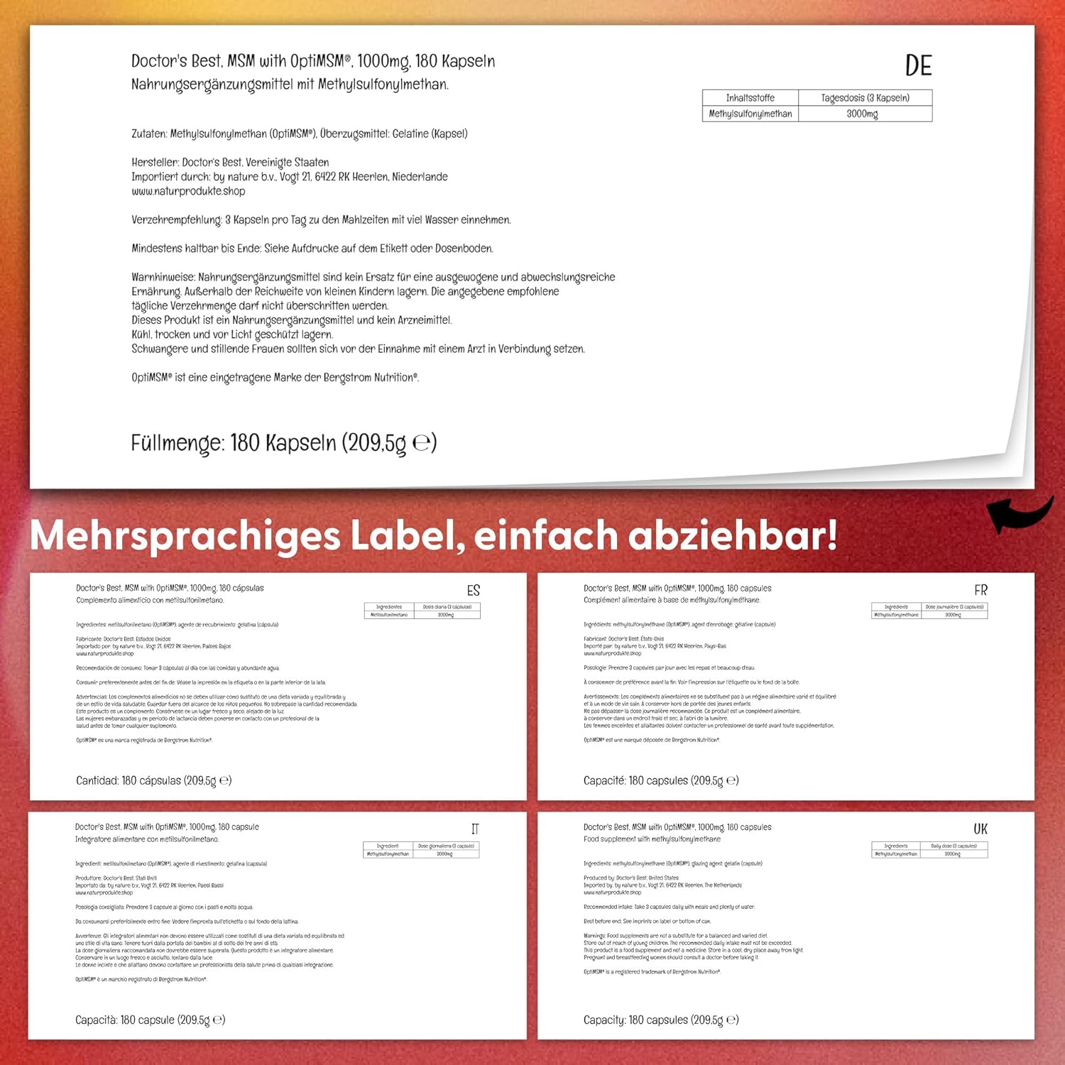 Doctor's Best® MSM with OptiMSM, The World's Purest MSM 1,000mg 180 Capsules บำรุงข้อต่อและเอ็น เพื่อผมผิวเล็บแข็งแรง