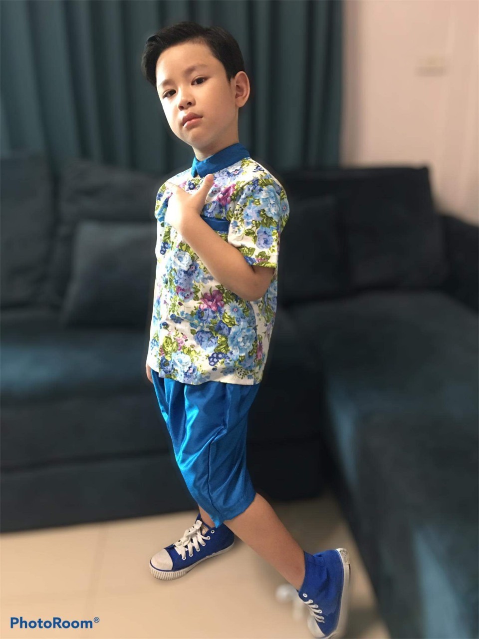 ชุดไทยเด็กชายลายดอกละมุน