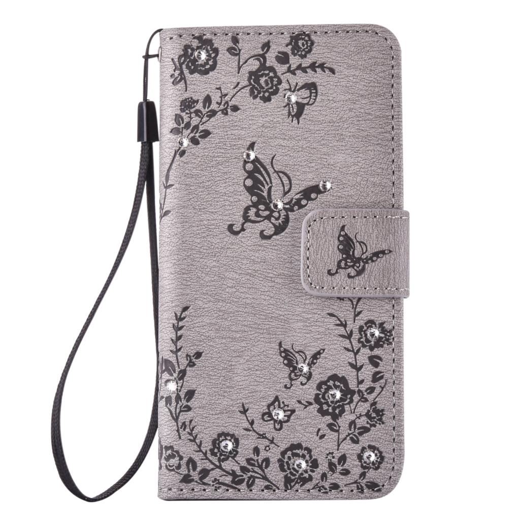 เคส Samsung A3 (2016) #เคสฝาพับแบบกระเป๋าสตางค์หนัง PU ลายดอกไม้ผีเสื้อประดับ rhinestones สวยหรู