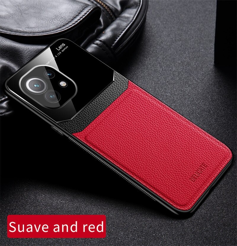 เคส Xiaomi Mi 11 #เคสฝาหลังไฮบริด PU +TPU + glass สีทูโทน Shockproof Leather Mirror Glass Silicone Phone Back Cover